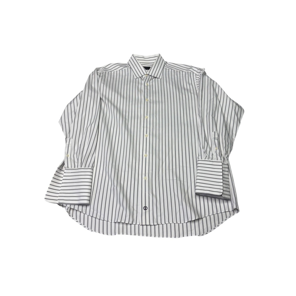 David Donahue Mens Dress Shirt 17 32/33 White Grey Striped French Cuff Cotton
